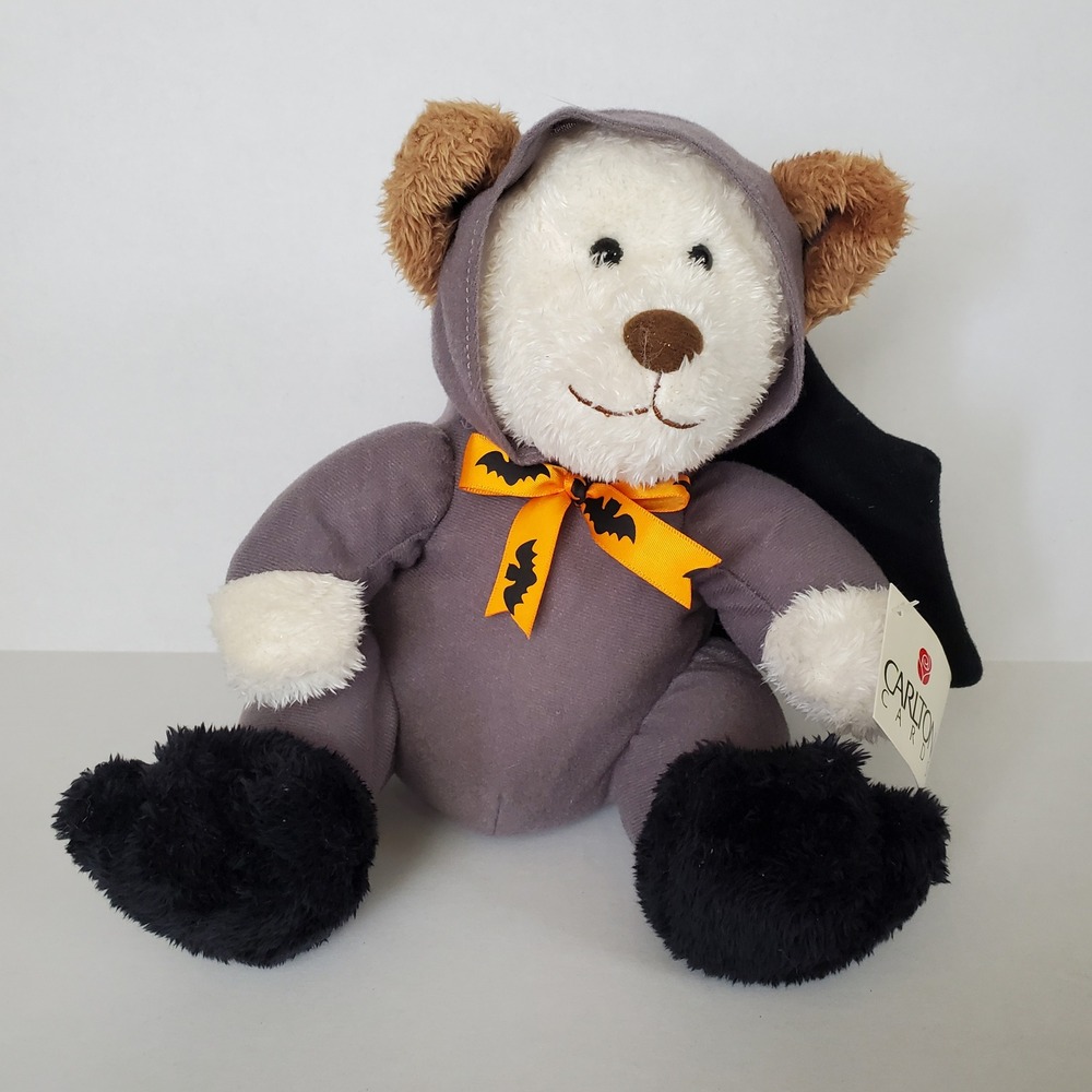 Carlton‎ Cards Halloween Bat Teddy Bear Plush Grey Costume Orange Bow NWT